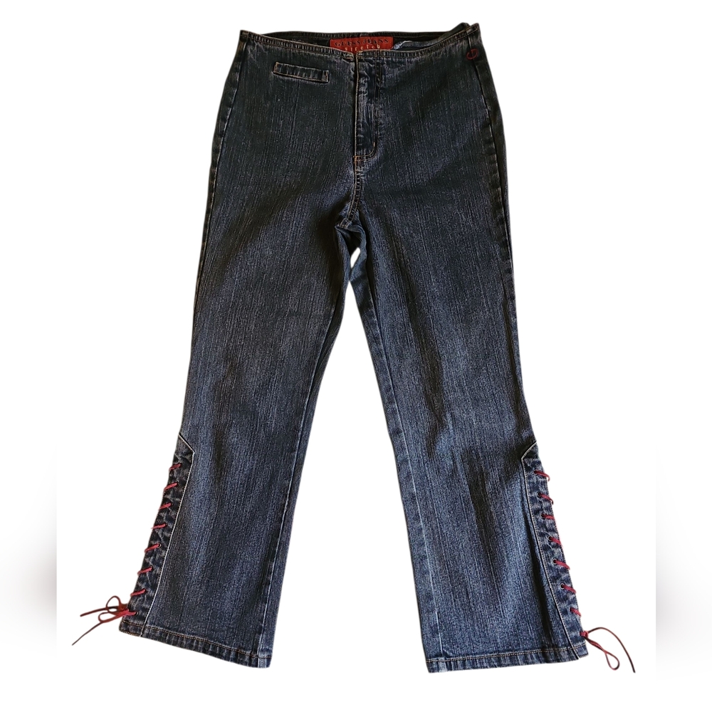 Guess Cropped Vintage Dark-Wash Denim Jeans w Red Leather Lace-Up Sides S 29